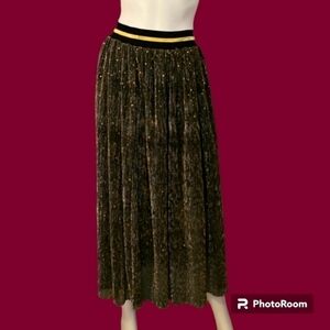 REVEUSE Black Gold Metallic Mesh Panel Midi Holiday Skirt Large
